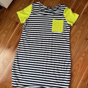 Blue and white dress with yellow arms